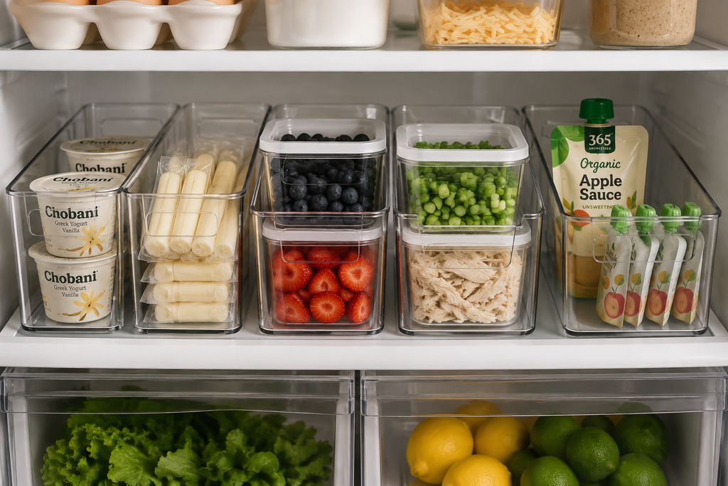Clear fridge organizers grouping yogurt, snacks, fruit, and meal prep ingredients