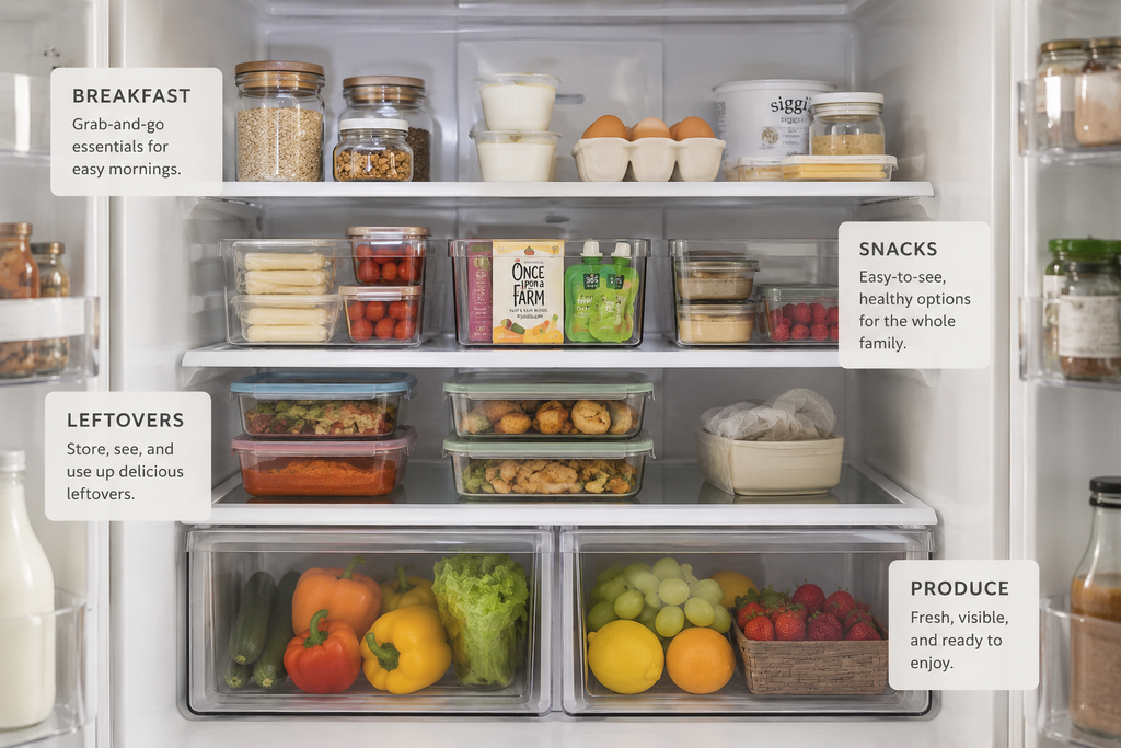 Organized refrigerator divided into breakfast, snacks, leftovers, and produce zones