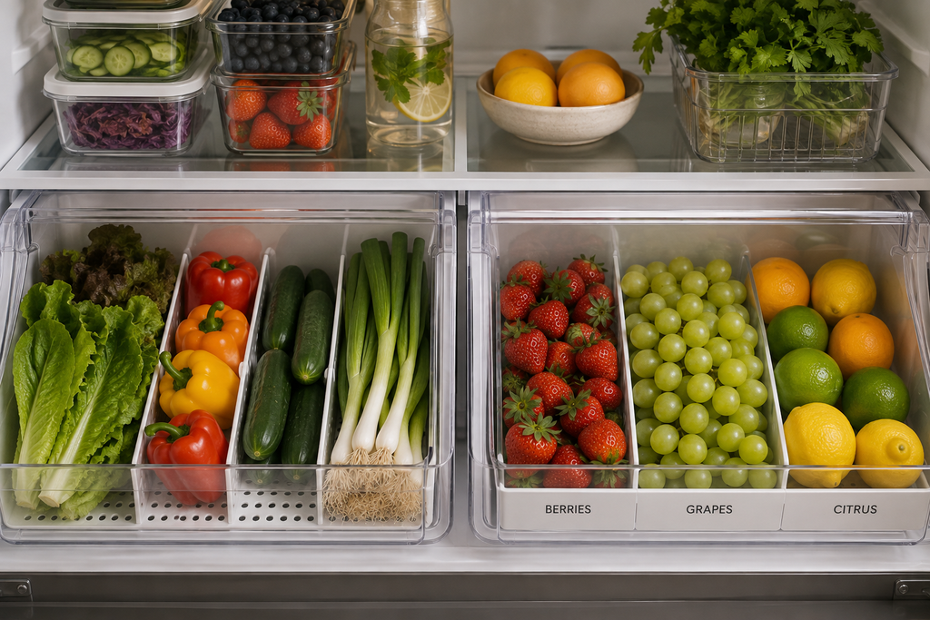 Organized refrigerator produce drawers with vegetables, berries, grapes, and citrus